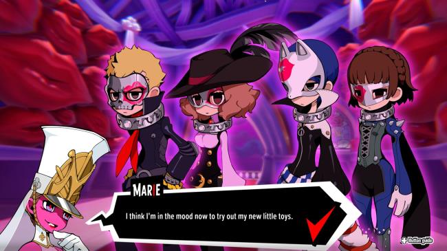 Marie threatens the protago<em></em>nist by mind co<em></em>ntrolling Ryuji, Futaba, Yusuke, and Makoto in Persona 5 Tactica