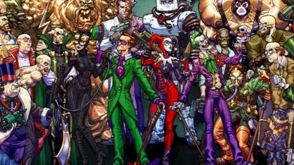 Batman Villains, all crowding the f<em></em>rame including The Riddler, Harley Quinn and The Joker