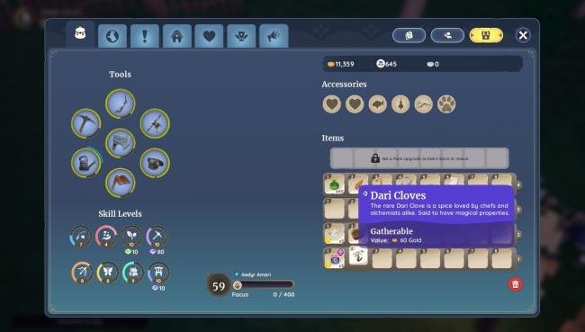 View of Dari Cloves in a player inventory with in-game des<em></em>cription and sell price in Palia. 