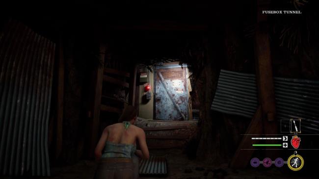 Julie looks at a dimly lit me<em></em>tal door with 