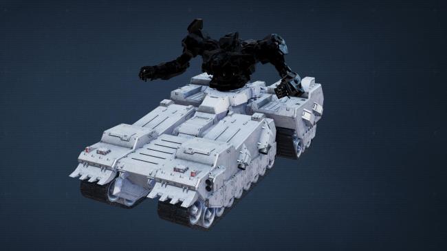 Armored Core 6, AC Build Guide, Pulled out view of the white AC Tank Bottom co<em></em>ntrasted with black body