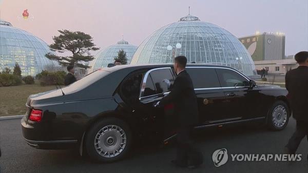 This image, captured from footage of North Korea's state-run Korean Central Television on March 16, 2024, shows the Aurus Senat limousine that the North's leader Kim Jong-un used to attend a ceremony marking the completion of building a greenhouse farm on the previous day. (For Use o<em></em>nly in the Republic of Korea. No Redistribution) (Yonhap)