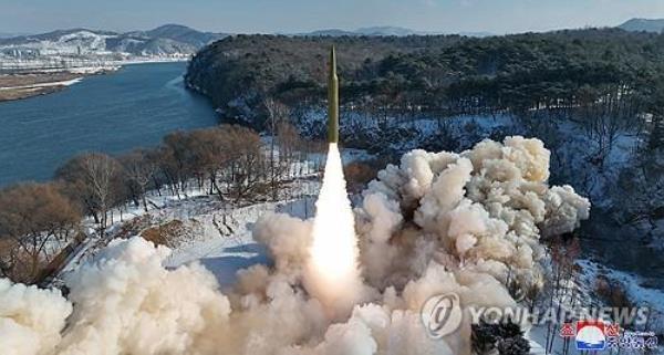 This file photo, carried by North Korea's official Korean Central News Agency on Jan. 15, 2024, shows the North's launch of a solid-fuel intermediate-range ballistic missile carrying a hyperso<em></em>nic warhead the previous day. South Korea's military said it detected the launch from an area in or around Pyo<em></em>ngyang at a<em></em>bout 2:55 p.m. and the missile flew approximately 1,000 kilometers before splashing into the sea. (For Use o<em></em>nly in the Republic of Korea. No Redistribution) (Yonhap)