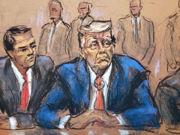 Former President Do<em></em>nald Trump sits next to his attorney Todd Blanche as he faces charges before Magistrate Judge Moxila A. Upadhyaya that he orchestrated a plot to try to overturn his 2020 election loss, at federal court in Washington, D.C., on Aug. 3, 2023, in a courtroom sketch.