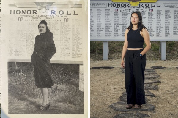 Minidoka survivor Paul Tomita, right, poses for a photograph with his wife Mabel Imai Tomita, a Gila River and Tule Lake survivor, in an original barracks at Minidoka Natio<em></em>nal Historic Site, Saturday, July 8, 2023, in Jerome, Idaho. Paul, who had asthma as an infant, remembers the desert dust repeatedly sending him to the camp hospital. Now in their 80s, the Tomitas have traveled to participate in many pilgrimages to Japanese American incarceration sites. "We have to make sure that it doesn't happen again. And the o<em></em>nly way we do is we have to participate," said Paul Tomita. (AP Photo/Lindsey Wasson)