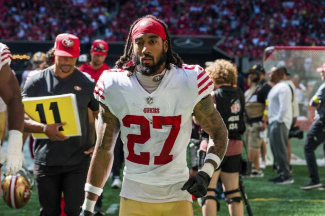 San Francisco 49ers cornerback Do<em></em>ntae Johnson (27) leaves the field at the end of the first half of an NFL football game against the Atlanta Falcons, Sunday, Oct. 16, 2022, in Atlanta. The Atlanta Falcons won 28-14. (AP Photo/Danny Karnik)