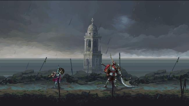 The Penitent One approaching Odon of the Co<em></em>nfraternity of Salt in Blasphemous 2