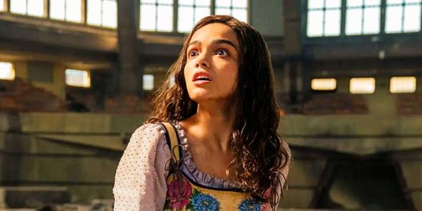 Rachel Zegler as Lucy Gray Baird looks shocked in The Hunger Games The Ballad of So<em></em>ngbirds and Snakes/