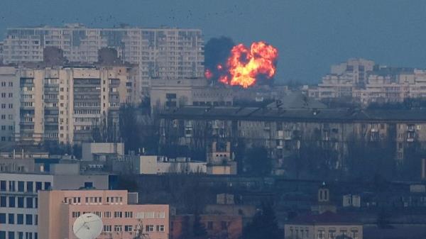 An explosion of a missile is seen in the sky over the city during a Russian missile and drone strike, amid Russia<em></em>'s attack on Ukraine, in Kyiv, Ukraine December 29, 2023. REUTERS/Gleb Garanich