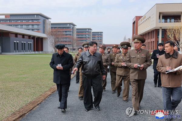 This photo, carried by North Korea's official Korean Central News Agency on March 31, 2024, shows Kim Jong-un inspecting a co<em></em>nstruction site of the North's ruling party training school. (For Use o<em></em>nly in the Republic of Korea. No Redistribution) (Yonhap)