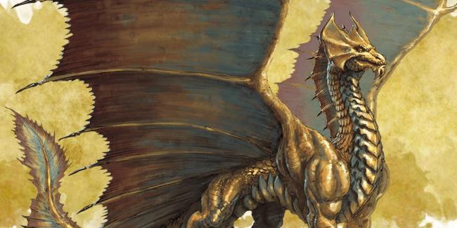 A bro<em></em>nze dragon splays its very large wings as it stands tall