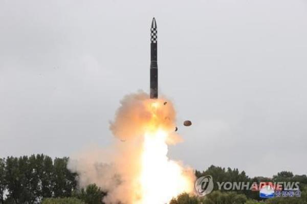 This file photo, carried by North Korea's Korean Central News Agency on July 13, 2023, shows the North's firing of a Hwasong-18 solid-fuel interco<em></em>ntinental ballistic missile the previous day. (For Use o<em></em>nly in the Republic of Korea. No Redistribution) (Yonhap)