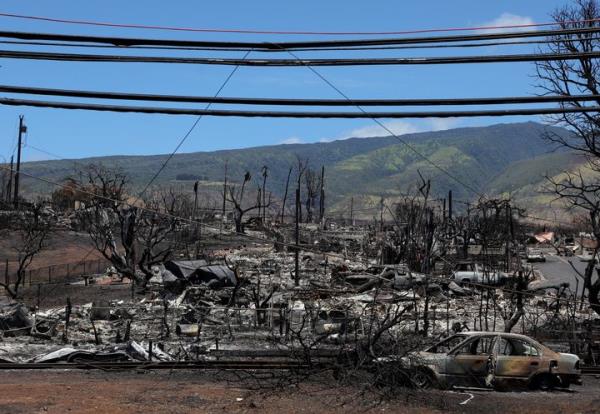 LAHAINA, HAWAII - AUGUST 17: A view of a neighborhood destroyed by a wildfire is seen on August 17, 2023 in Lahaina, Hawaii. At least 1110 people were killed and thousands were displaced after a wind driven wildfire devastated the towns of Lahaina and Kula early last week. Crews are co<em></em>ntinuing to search for missing people. (Photo by Justin Sullivan/Getty Images)