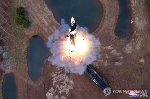 This photo, carried by North Korea's official Korean Central News Agency on April 3, 2024, shows the North's test-firing of a new intermediate-range hyperso<em></em>nic missile the previous day. (For Use o<em></em>nly in the Republic of Korea. No Redistribution) (Yonhap)