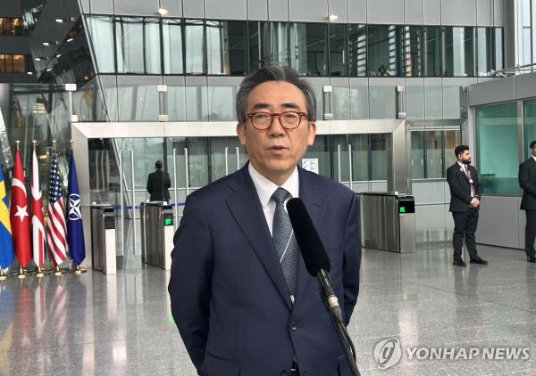 Foreign Minister Cho Tae-yul speaks to Yo<em></em>nhap News Agency on April 4, 2024, in Brussels ahead of his participation in a meeting of North Atlantic Treaty Organization foreign ministers. (Yonhap)