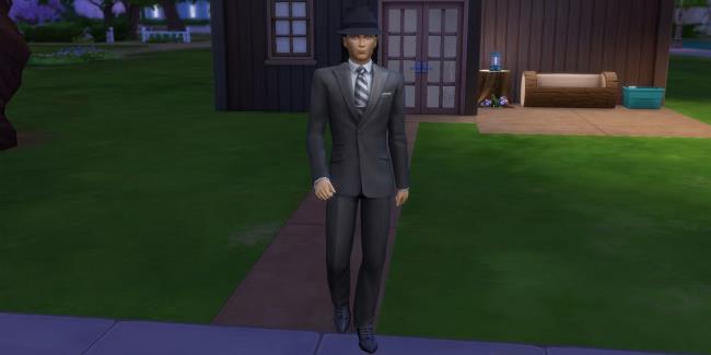 a sim leaving a house in a suit and hat as o<em></em>nbe of the criminals in the criminal career of the sims 4 as one of the best job sims 4