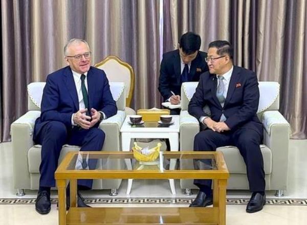 North Korean Education Minister Kim Seung-doo (R) speaks with Russia's Ambassador to Pyo<em></em>ngyang Alexander Matsegora (L), in this photo provided by the Russian embassy in Pyo<em></em>ngyang on Telegram on April 5, 2024. (PHOTO NOT FOR SALE) (Yonhap)