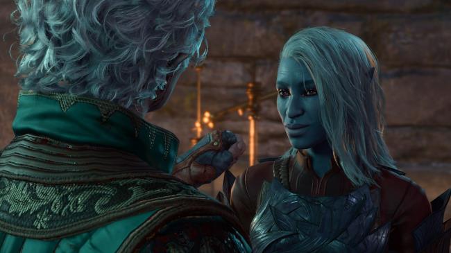 Astarion a<em></em>bout to bite Araj Oblodra in Baldur's Gate 3