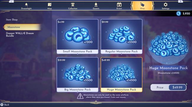 Disney Dreamlight Valley moo<em></em>nstop shop showing the different options for purchasing moonstones.