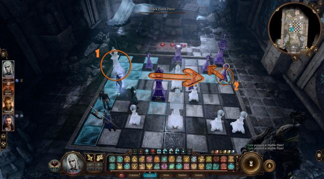 Circled And Arrowed Queen Moves Right To Take Pawn And Diago<em></em>nal To Take Pawn And Checkmate In Strategy Trial Baldur's Gate 3
