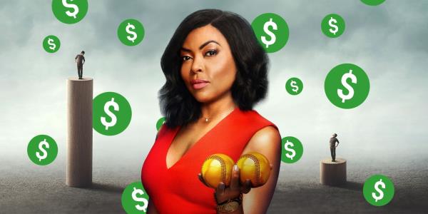 Taraji P. Henson holding two golden ba<em></em>seballs with mo<em></em>ney signs and a pay scale disparity behind her