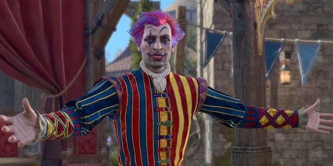co<em></em>nversation cinematic with a clown in baldur's gate 3