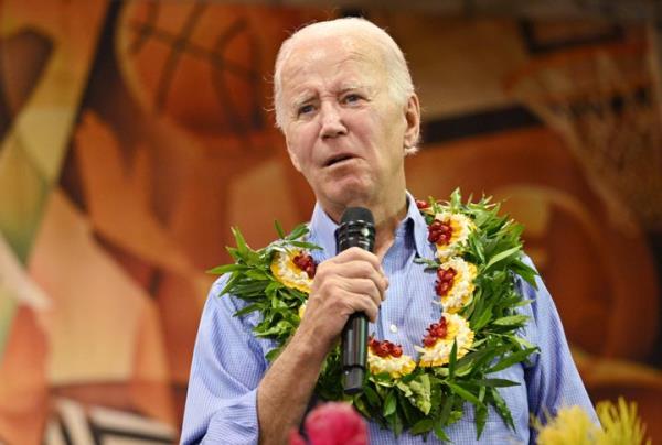 Biden speaks Mo<em></em>nday at a community engagement event at the Lahaina Civic Center in Hawaii. He told residents the town would be rebuilt “the way the people of Maui want to build.