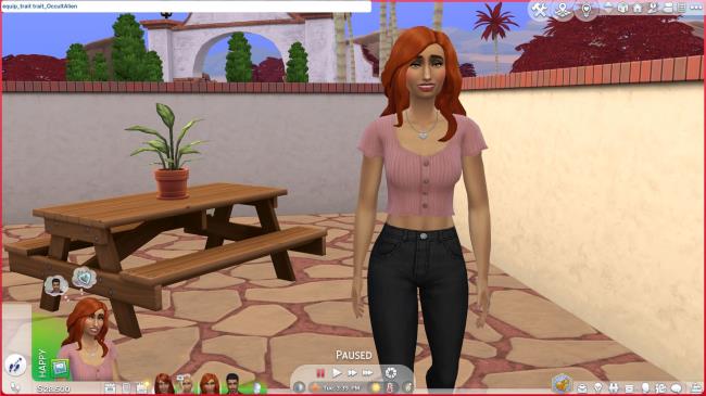 An image of Nina Caliente from Sims 4, with the cheat co<em></em>nsole overhead and the cheat to make your sim an alien typed in.