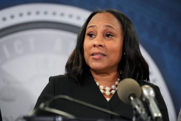 Fulton County District Attorney Fani Willis speaks in the Fulton County Government Center during a news conference, Monday, Aug. 14, 2023, in Atlanta. Do<em></em>nald Trump and several allies have been indicted in Georgia over efforts to overturn his 2020 election loss in the state.