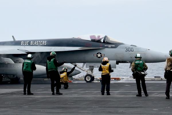 An F/A-18 Super Hornet is set to take off from the flight deck of the nuclear-powered USS Theodore Roosevelt (CVN-71) during a joint naval drill with South Korea and Japan on April 11, 2024, in this photo provided by the Korean Natio<em></em>nal Defense Daily Newspaper. (PHOTO NOT FOR SALE) (Yonhap)