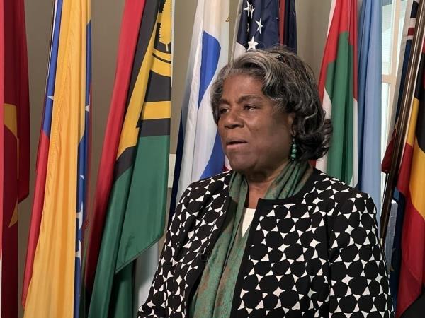 U.S. Ambassador to the United Nations Linda Thomas-Greenfield speaks during an interview with Yo<em></em>nhap News Agency in New York on March 17, 2023. (Yonhap)