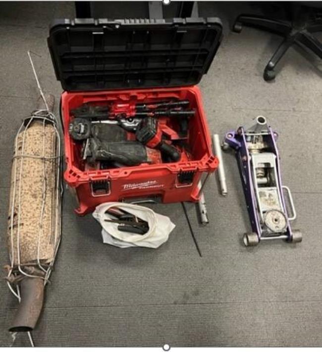 Two Solano County men were arrested early Thursday, Sept. 7, 2023,  after police said they spotted a catalytic co<em></em>nverter in their car during a traffic stop in Santa Rosa. During the stop, police also saw a tool box with the store security theft cable still attached and saws and other tools associated with auto-parts theft in the back seat. (Santa Rosa Police Department)