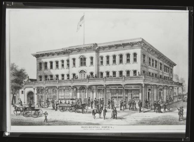 A sketch of the original Occidental Hotel, located in Santa Rosa, from a historical Atlas of So<em></em>noma County, published by Thomas H. Thompson Co. of Oakland in 1877. (So<em></em>noma County Library)