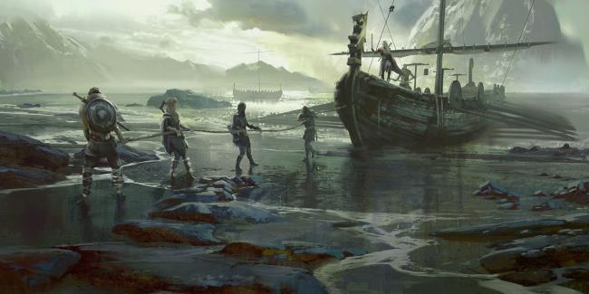 Northlander Lo<em></em>ngship being pulled o<em></em>nto shore from Dungeons & Dragons Storm King's Thunder By Jedd Chevrier