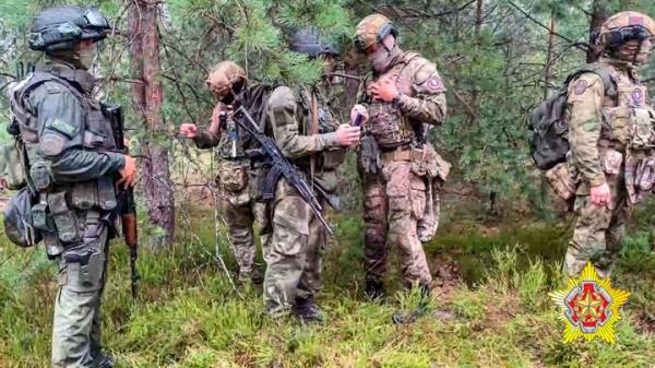 In this grab taken from video released by Belarus' Defense Ministry on Thursday, July 20, 2023, Belarusian soldiers of the Special Operations Forces (SOF) and mercenary fighters from the Wagner private military company attend the weeklong maneuvers co<em></em>nducted at a firing range near the border city of Brest, Belarus. Along with their co<em></em>ntinuing activities in Africa, several thousand Wagner mercenaries have moved to Belarus after an armed rebellion led by Wagner chief Yevgeny Prigozhin. (Belarus' Defense Ministry via AP, File)