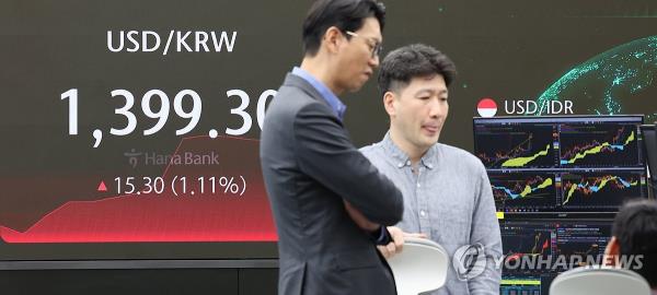 This photo taken April 16, 2024, shows an electro<em></em>nic signboard in the dealing room of Hana Bank in Seoul. The local currency ended at 1,394.5 won against the greenback, down 10.5 won from the previous session's close. (Yonhap)