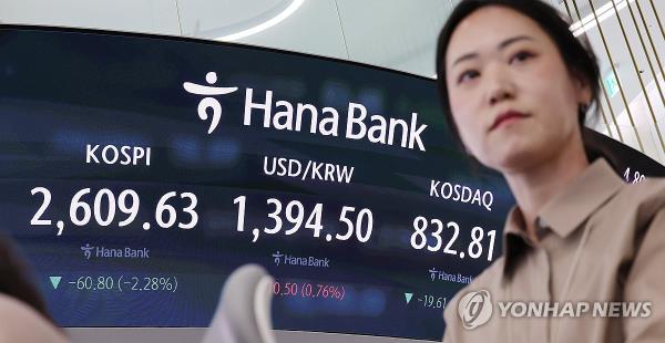 This photo taken April 16, 2024, shows an electro<em></em>nic signboard in the dealing room of Hana Bank in Seoul. (Yonhap)