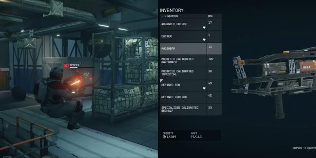 A split-image of the protago<em></em>nist flying back in zero gravity as they fire on an enemy with a rifle, and the menu screen of weapons you can select.