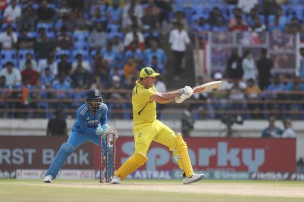 Mitchell Marsh of Australia plays a shot during game three of the One Day Internatio<em></em>nal series between India and Australia at Saurashtra Cricket Association Stadium on September 27, 2023 in Rajkot, India. 