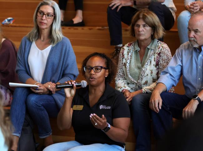 Santa Rosa Mayor Natalie Rogers speaks to residents in the audience as seated behind her are from left, Andrea Rodriguez, Santa Rosa community advisory board member, Carole Quandt, member of the city’s community services board, and Chris Coursey, So<em></em>noma County supervisor, during a town hall meeting at Roseland University Prep in Santa Rosa, Thursday, Sept. 7, 2023. (Darryl Bush / For The Press Democrat)