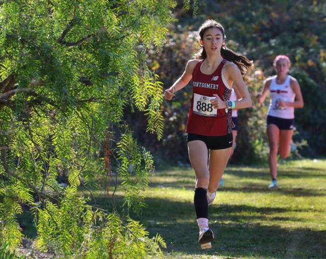 Hanne Thomsen, of Montgomery, runs on her way to victory in the Division 3 Girls race during the CIF North Coast Section Cross Country Champio<em></em>nships at Hayward High School, Saturday, Nov. 19, 2022, in Hayward. (Darryl Bush / For The Press Democrat)