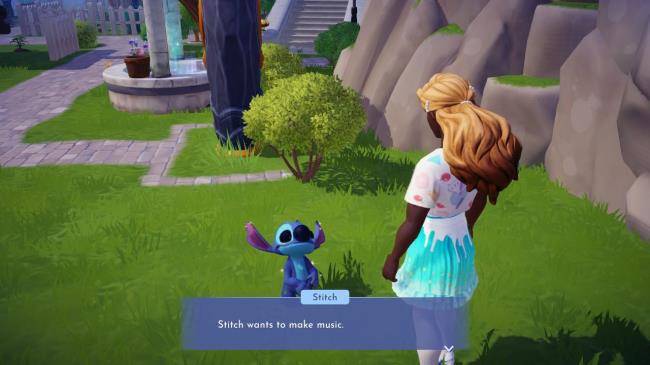 Player character speaking to Stitch a<em></em>bout playing music in Disney Dreamlight Valley.