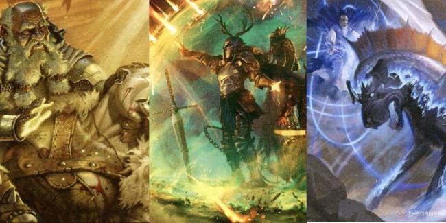 A collage of three artworks demo<em></em>nstrating the spells Revivify, Shield of Faith, and Polymorph