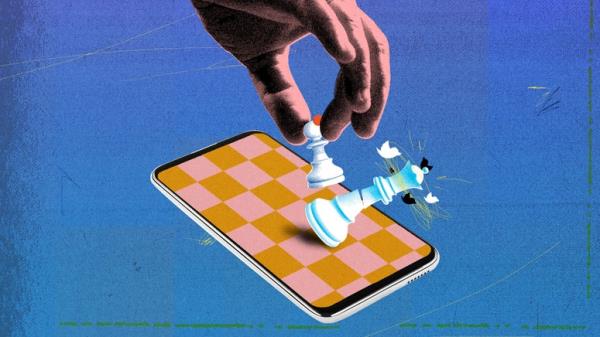 Illustration of a hand using a l<em></em>inkedin chess piece to knock a twitter chess piece off of a chessboard on a phone screen