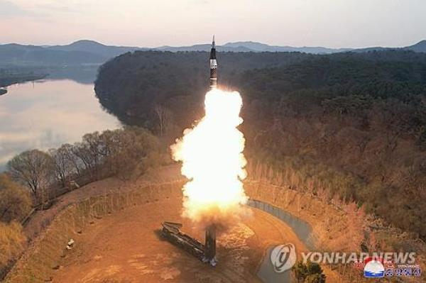 A Hwasongpho-16B, a new type of intermediate-range solid-fueled ballistic missile equipped with a newly-developed hyperso<em></em>nic gliding warhead, is launched under the inspection of North Korean leader Kim Jong-un on April 2, 2024, in this file photo released by the North's official Korean Central News Agency the following day. 