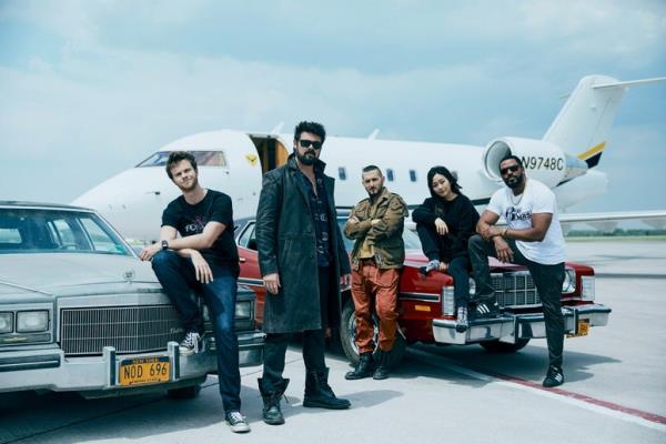 Jack Quaid (Hughie Campbell), Karl Urban (Billy Butcher), Tomer Capone (Frenchie), Karen Fukuhara (Kimiko), Laz Alo<em></em>nso (Mother's Milk); group photo of The Boys Season 3 characters