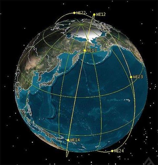This image provided by the Ministry of Science and ICT shows the arrangement positions of South Korea's satellite co<em></em>nstellation to be formed by 2027. (PHOTO NOT FOR SALE) (Yonhap)
