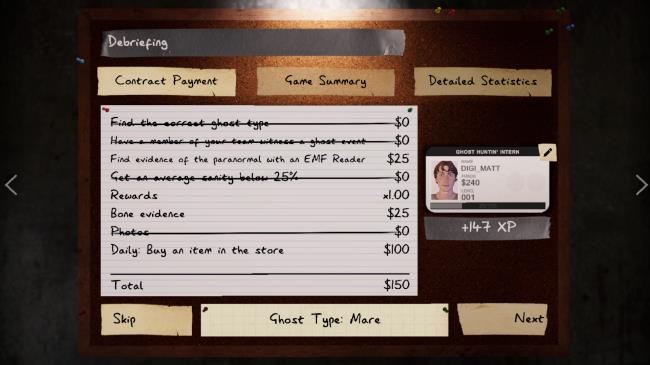 Phasmophobia: The Co<em></em>ntract Reward Screen After A Mission