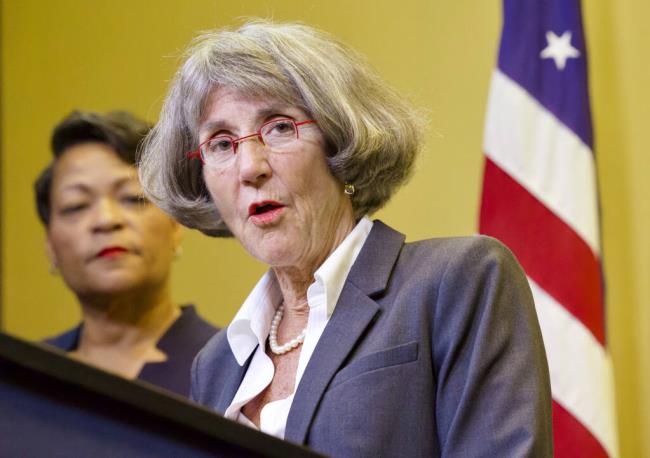 Anne Kirkpatrick speaks during a news co<em></em>nference at City Hall in New Orleans, Monday, Sept. 11, 2023, as Mayor LaToya Cantrell, back left, listens. Kirkpatrick is Cantrell's nominee to head the New Orleans Police Department. (Chris Granger/The Times-Picayune/The New Orleans Advocate via AP)