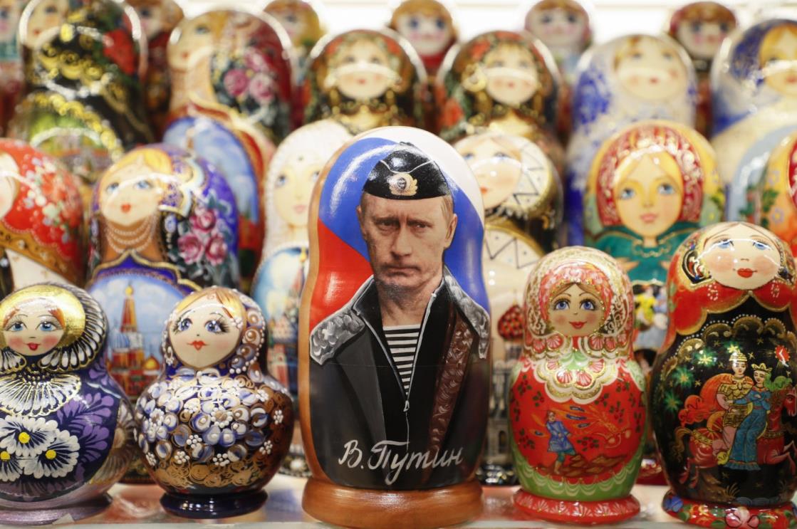 A traditio<em></em>nal Russian Matryoshka doll with portrait of Russian President Vladimir Putin on display at a gift shop in Moscow, Russia, Dec. 7, 2023. (EPA Photo)
